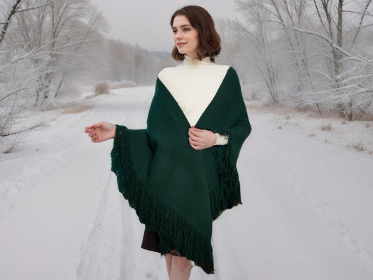 Shawl Warp Wool Blend Knitted Fringed Evening Wrap Green Triangle Thick Shawl Winter Wedding Shawl Bridal Cover Up