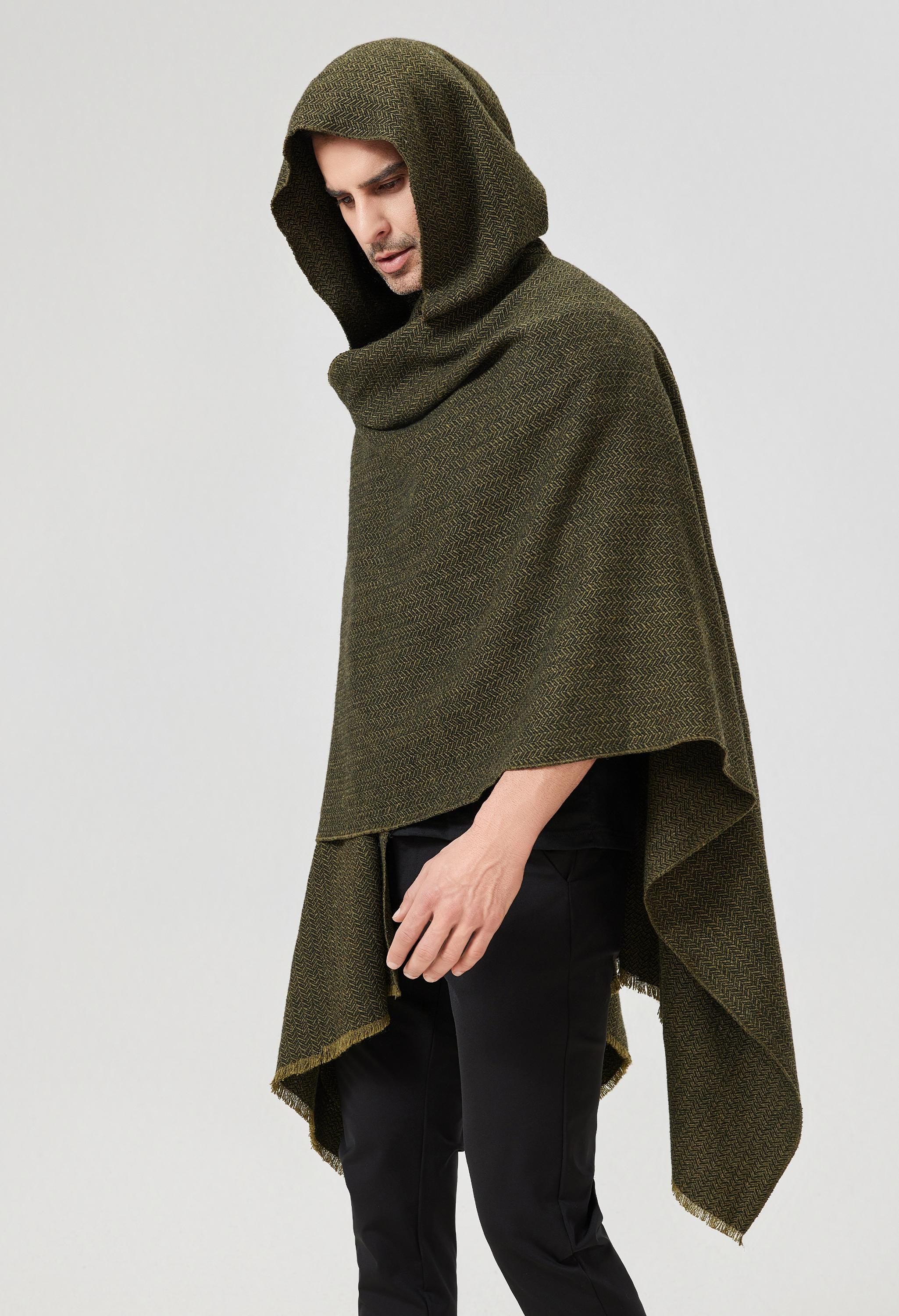 Wool Hooded Cloak Oliver Green & Black Herringbone Tweed Ruana Cloak Ranger Cloak Hobbit Elven Cloak Ren Faire Costume