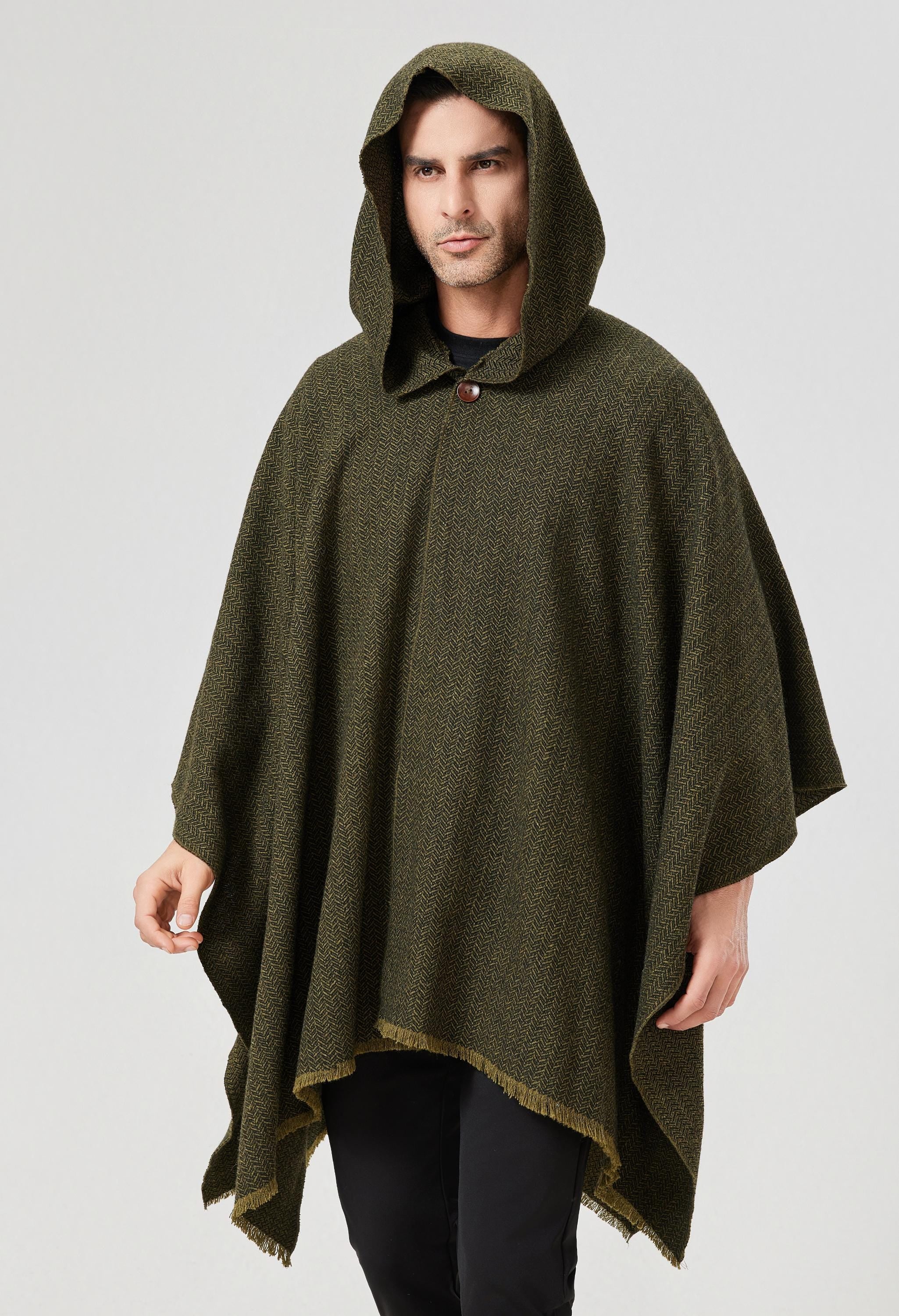 Wool Hooded Cloak Oliver Green & Black Herringbone Tweed Ruana Cloak Ranger Cloak Hobbit Elven Cloak Ren Faire Costume