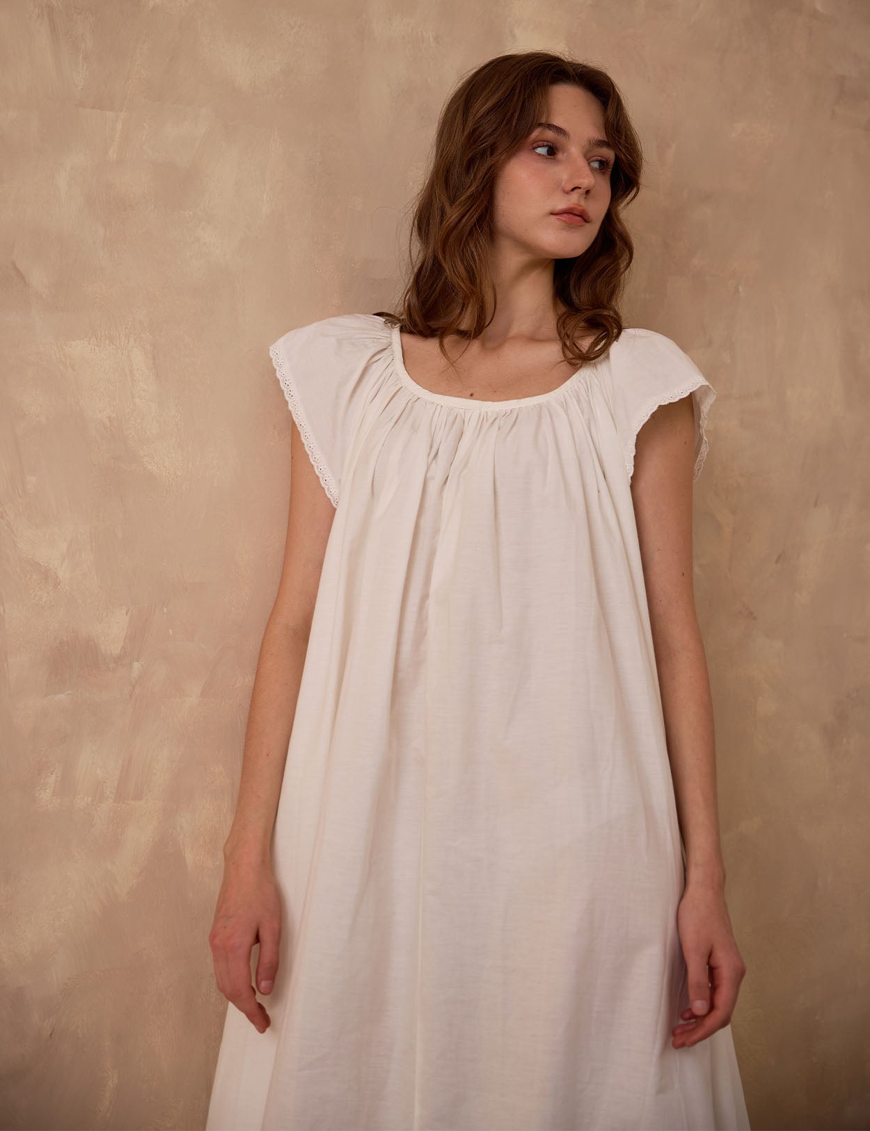 Ivory 100% cotton Victorian nightgown by Sueasyretro. Sleeveless vintage style nightie with elegant neckline gathers.