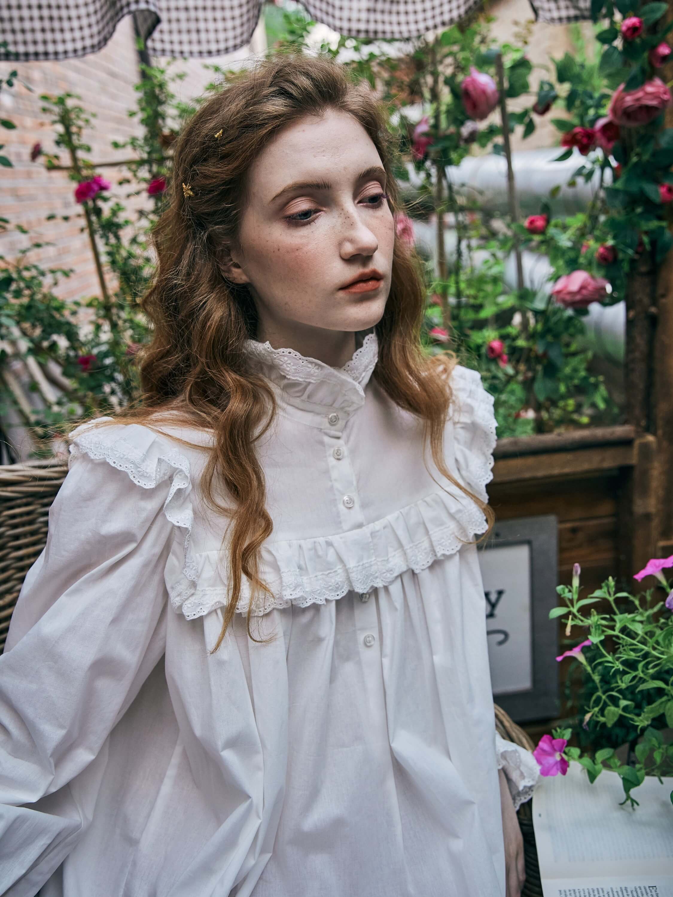 Close-up detail of the romantic high ruffled collar and button-down yoke adorned with delicate lace on the Ophelia 100% cotton nightgown.