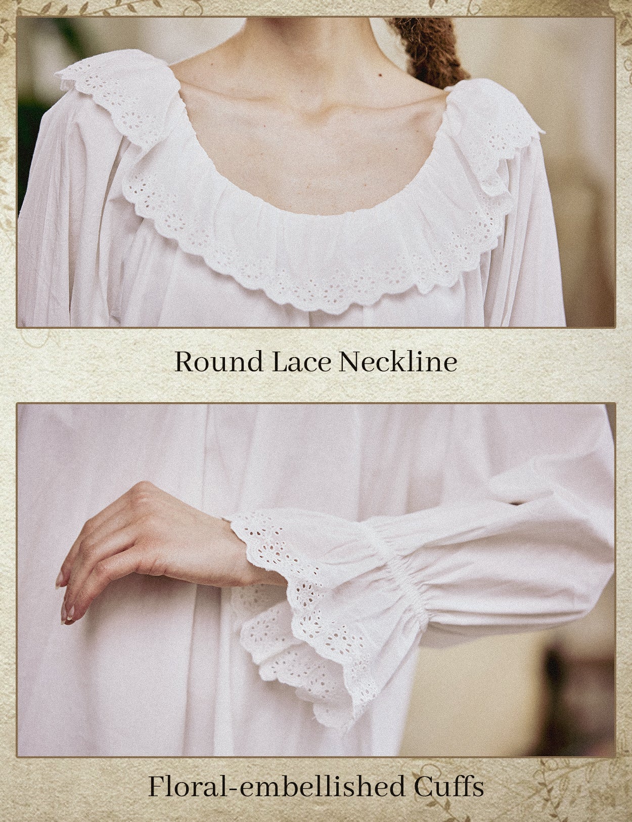 Close-up details of the floral-embellished ruffle cuffs and the intricate lace-trimmed round neckline of the white cotton nightgown.