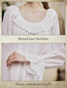Close-up details of the floral-embellished ruffle cuffs and the intricate lace-trimmed round neckline of the white cotton nightgown.