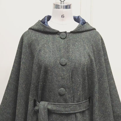 Tweed Hooded Cloak Belted Cape Poncho Herringbone Woman Cloak Tweed Wool Warp Moss Green Fleck One Size Long