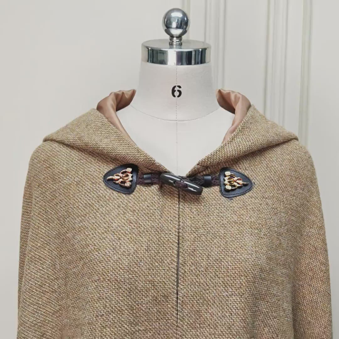 Wool Winter Cloak Wool Weave Hooded Cape Vintage Inspired Wool Tweed Beige Long Medieval Cloak With Horn Buttons