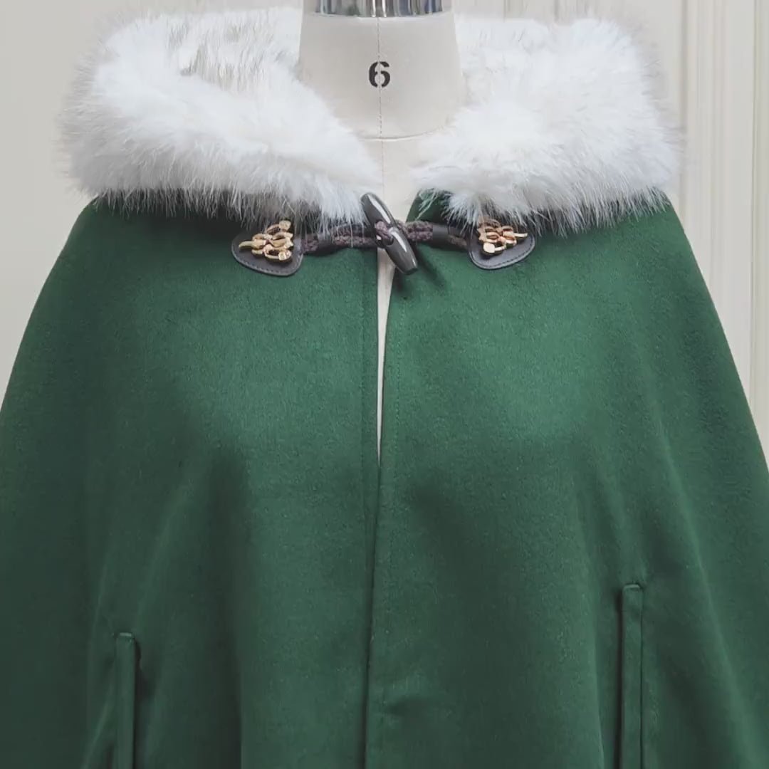 Wedding Fur Cloak Medieval Wool Winter Green Cloak Cape Coat with Oversized Faux Fur Hood, Vintage Style, Horn Button, and Arm Slits