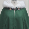 Wedding Fur Cloak Medieval Wool Winter Green Cloak Cape Coat with Oversized Faux Fur Hood, Vintage Style, Horn Button, and Arm Slits