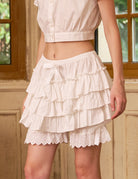 Detail shot of vintage-style bloomer pants showing scalloped lace hem and ruffled tiers