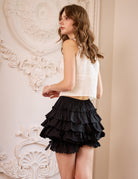Back view of black bloomer shorts showing tiered ruffles and eyelet lace trim