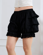 Sueasyretro Black Cotton Bloomers. Rear view highlighting the three-tiered ruffles with bustle effect.
