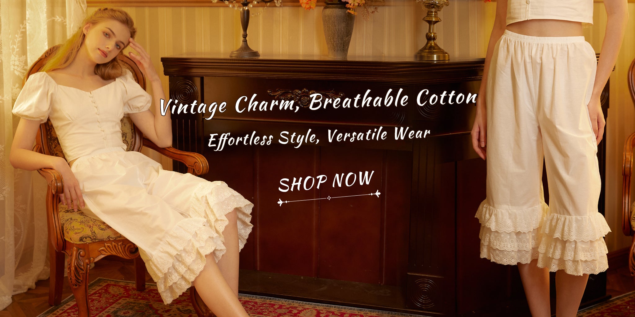 Sueasyretro desktop banner featuring a breathable cotton lace bloomer for woman with vintage charm and ruffle details.