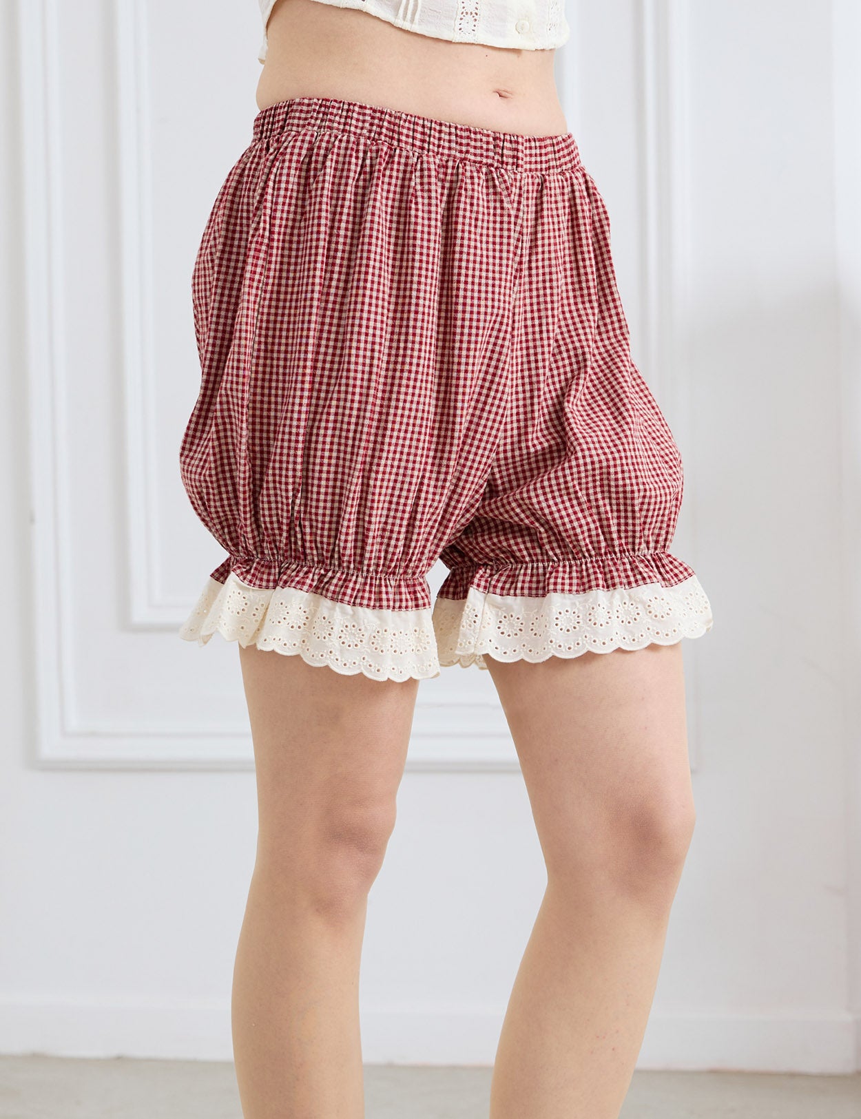 Red gingham cotton shorts back view with eyelet lace cuff | Sueasyretro