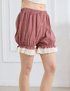 Red gingham cotton shorts back view with eyelet lace cuff | Sueasyretro