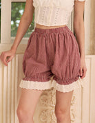 Red gingham bloomer shorts, elastic waistband, lace trim front view | Sueasyretro
