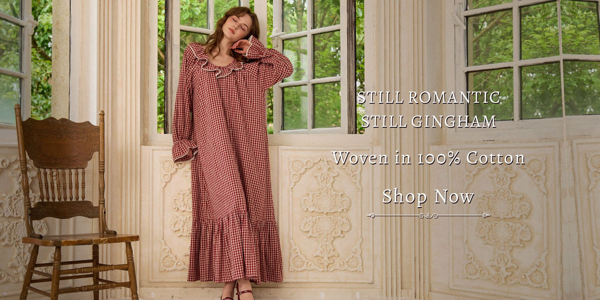 Sueasyretro Sienna Nightdress — 100% cotton maroon gingham house dress with ruffled trim