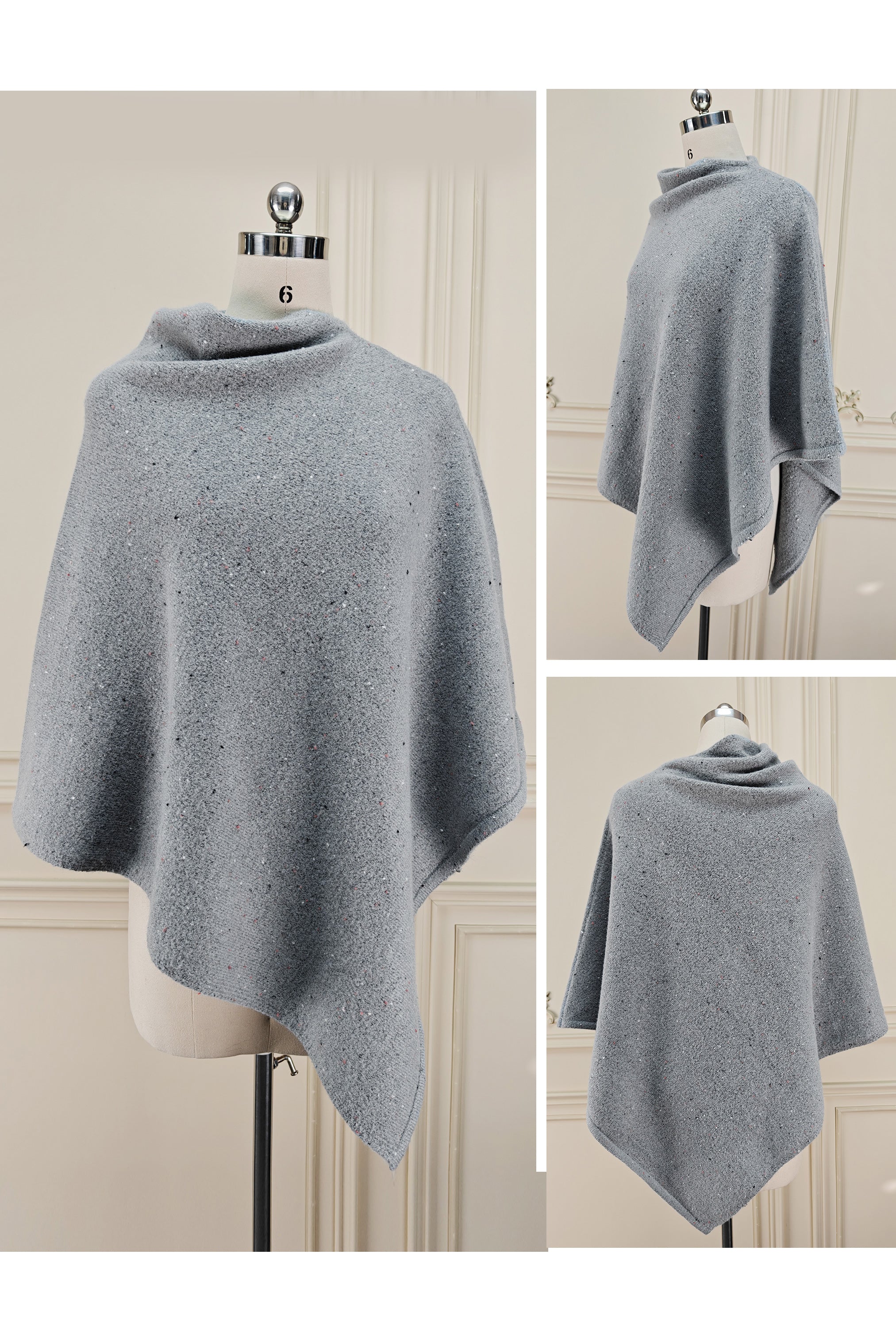 Women's knit wool poncho cape in tweed speckled wool blend