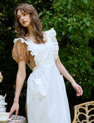 Close-up of ruffle detail on Victorian cotton pinafore apron for women