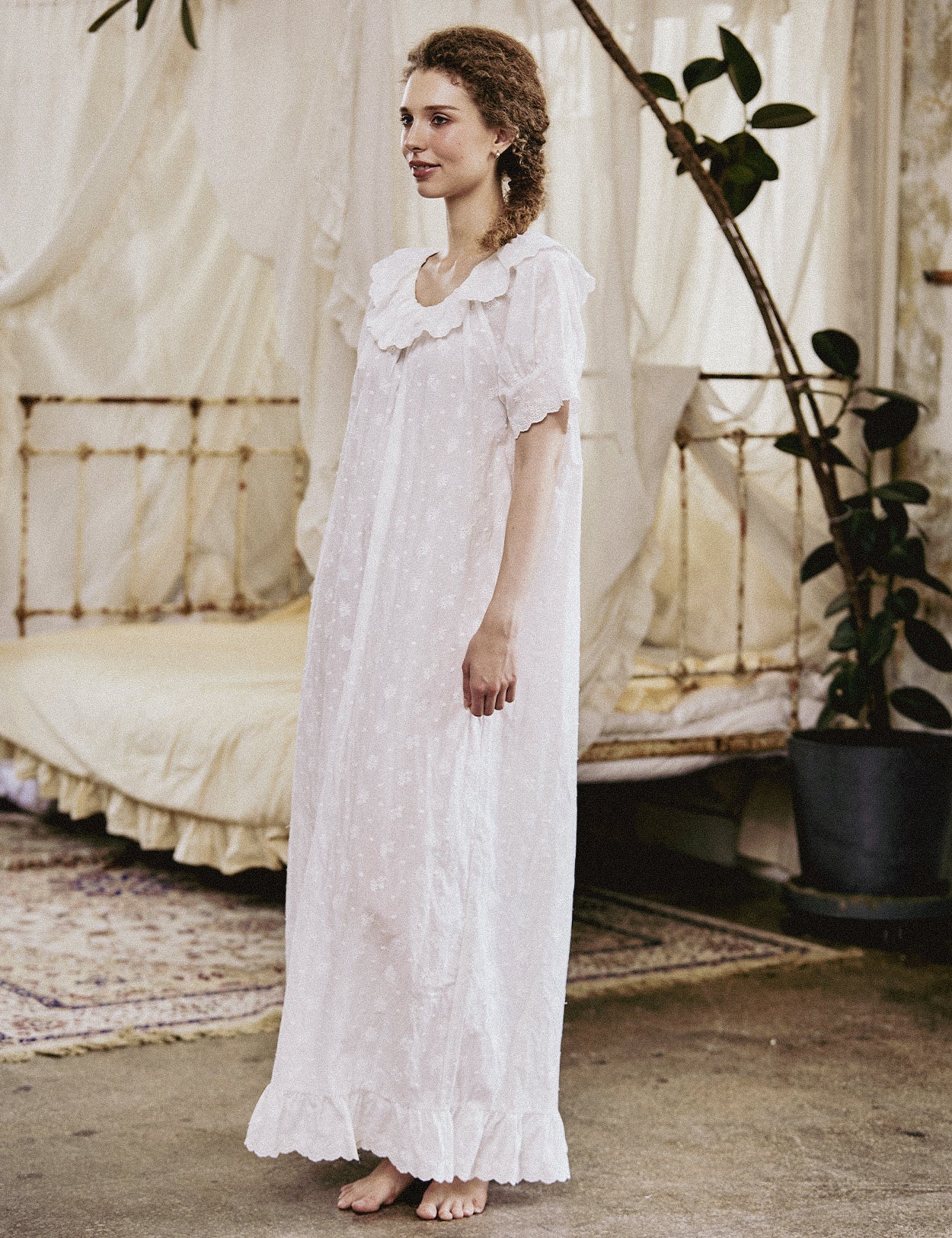 Victorian embroidered cotton nightgown with ruffle trim