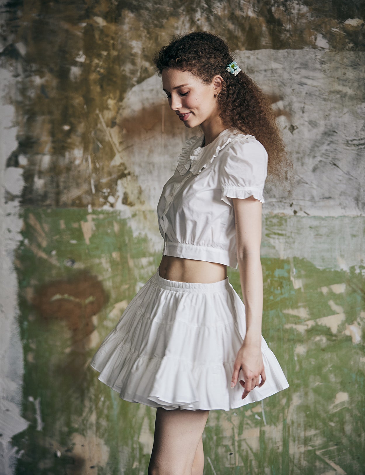 women's vintage cotton tiered skort worn with casual top - side view