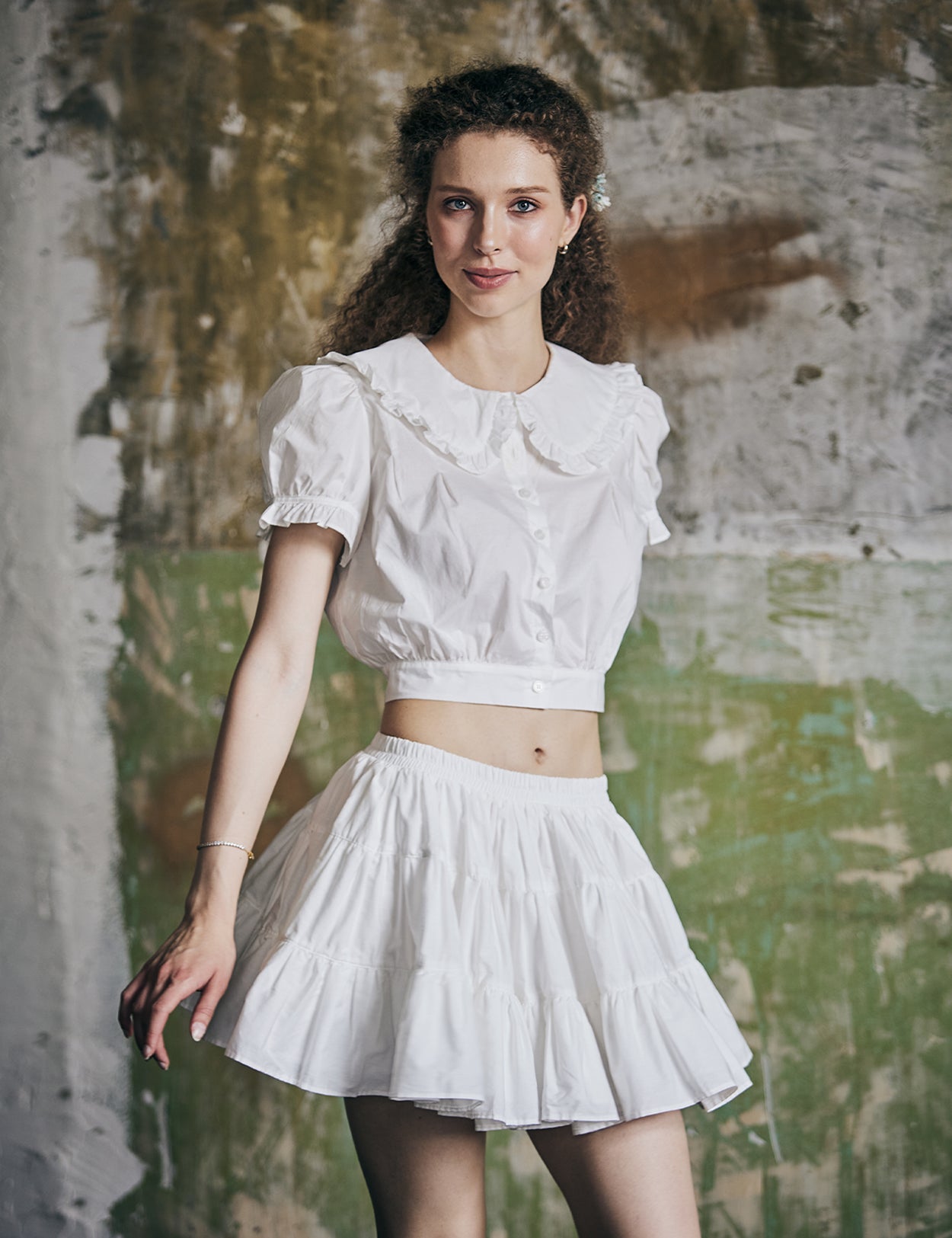 Women's vintage cotton tiered skort in front view showing high waist design and ruffle hem details