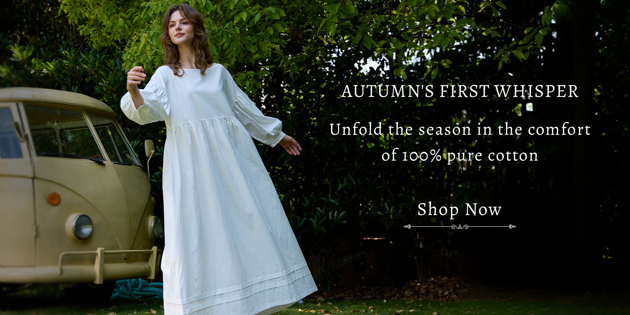 Vintage white 100% pure cotton house dress featuring long sleeves and a gathered waist, presented in the Autumn's First Whisper campaign.
