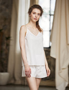ivory striped cotton pajama shorts with loose fit design