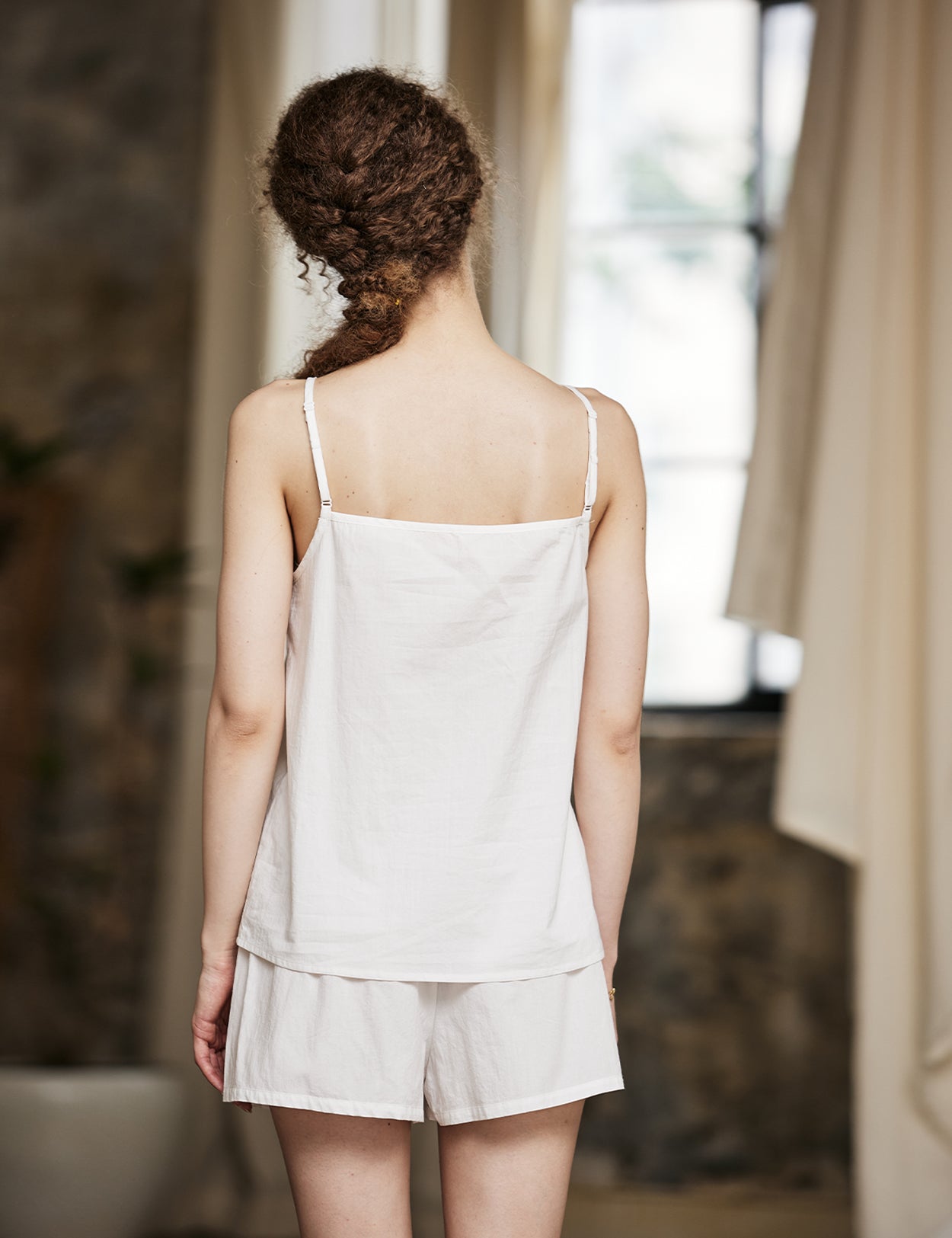 ivory striped cotton pajama shorts with loose fit design - back view