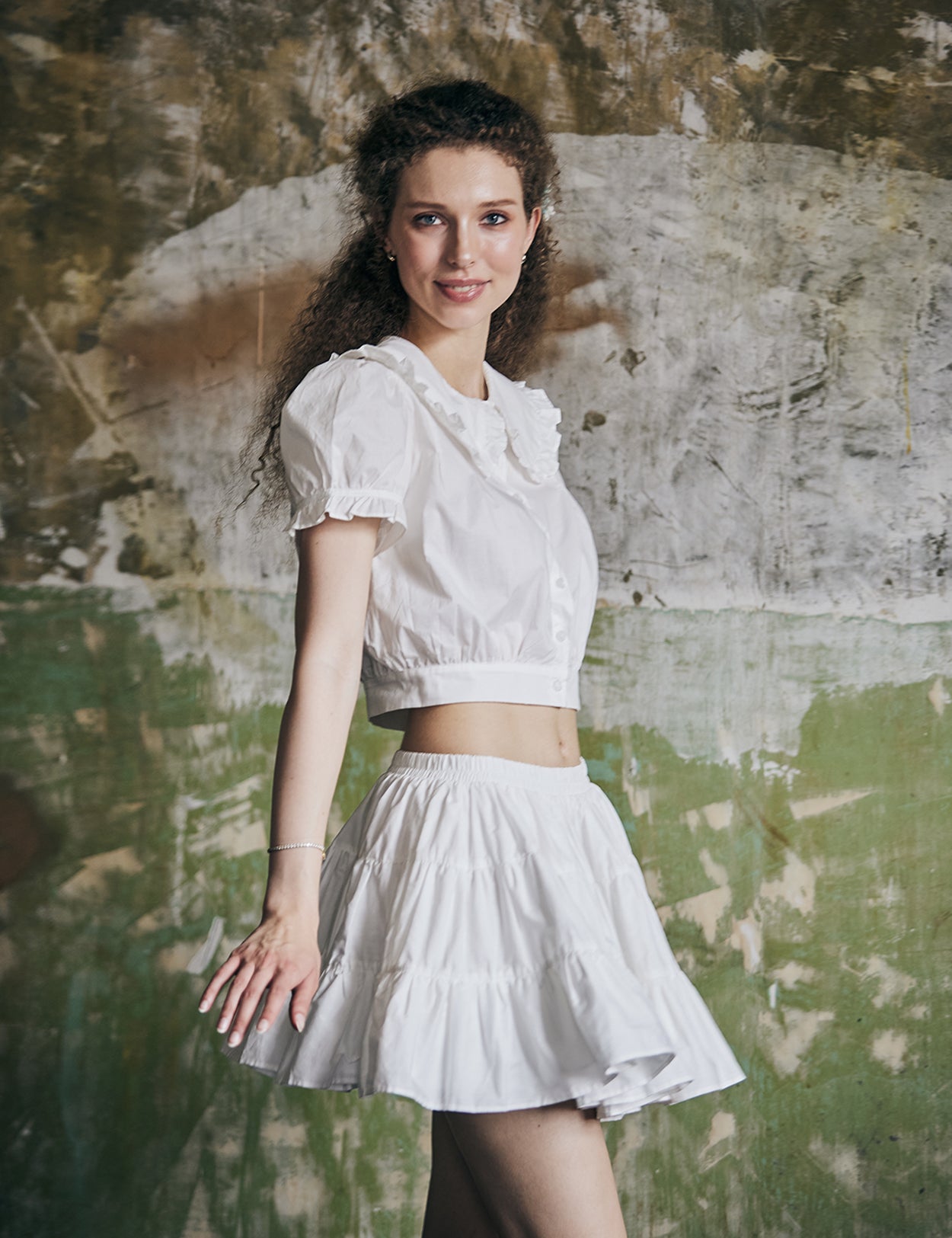 women's vintage cotton tiered skort worn with casual top