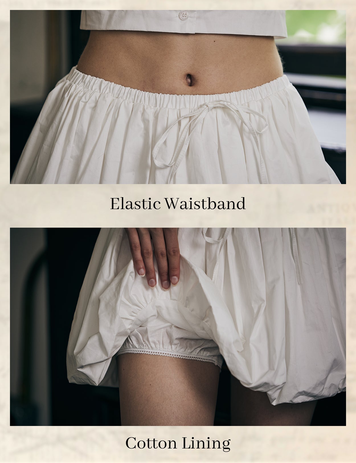 Close-up detail of women's white cotton bubble skort showing fabric texture and pleated construction