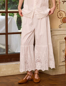 Sueasyretro white cotton Pettipants close-up showing Victorian Broderie Anglaise lace wide-leg hems.