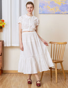 Sueasyretro white 100% cotton midi skirt with ruffle hem and eyelet lace. Perfect for romantic vintage everyday wear， front full view.