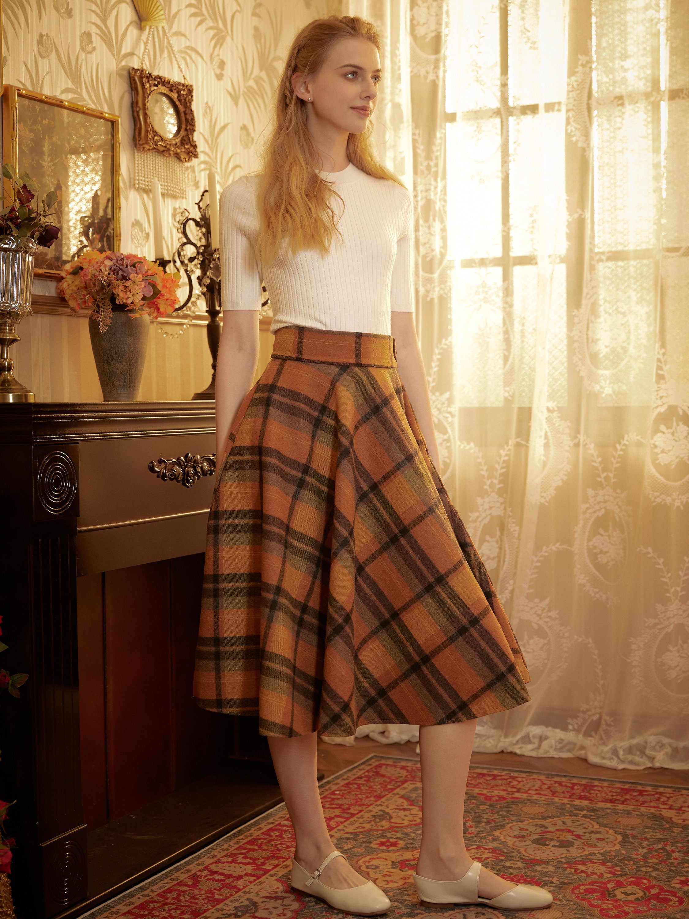 Orange plaid wool skirt with pockets