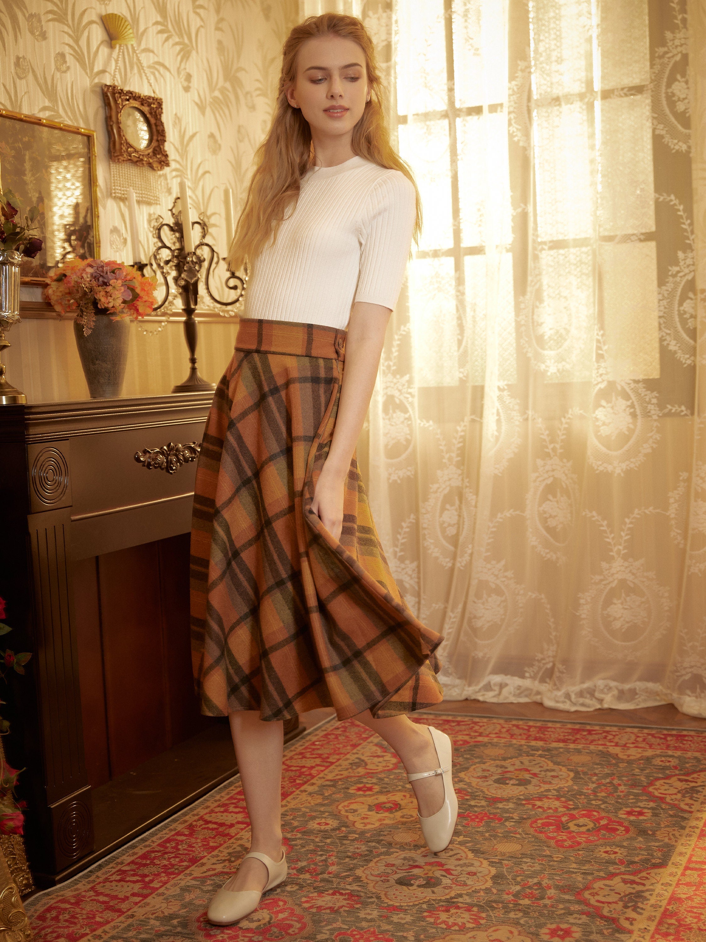 High waisted orange wool skirt