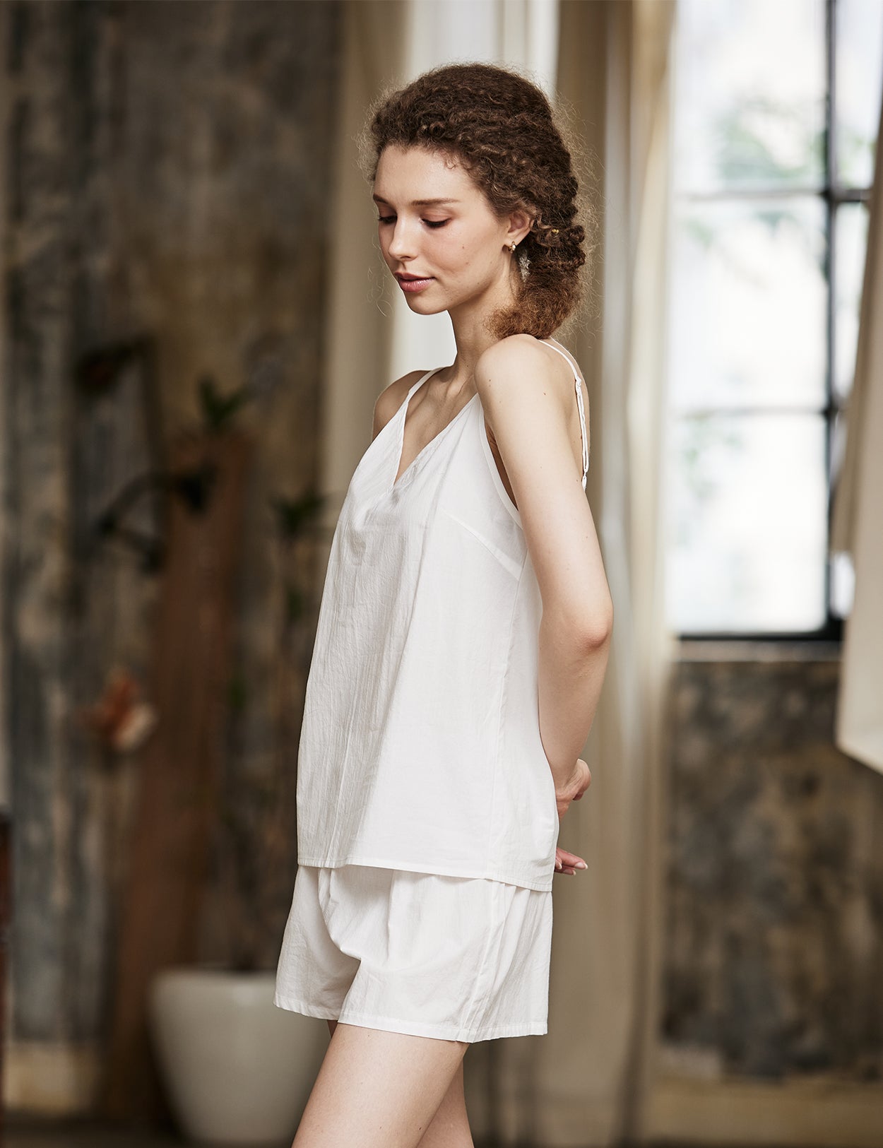 Women's soft washed 100% cotton pajama shorts in ivory, comfortable lounge sleepwear - side view