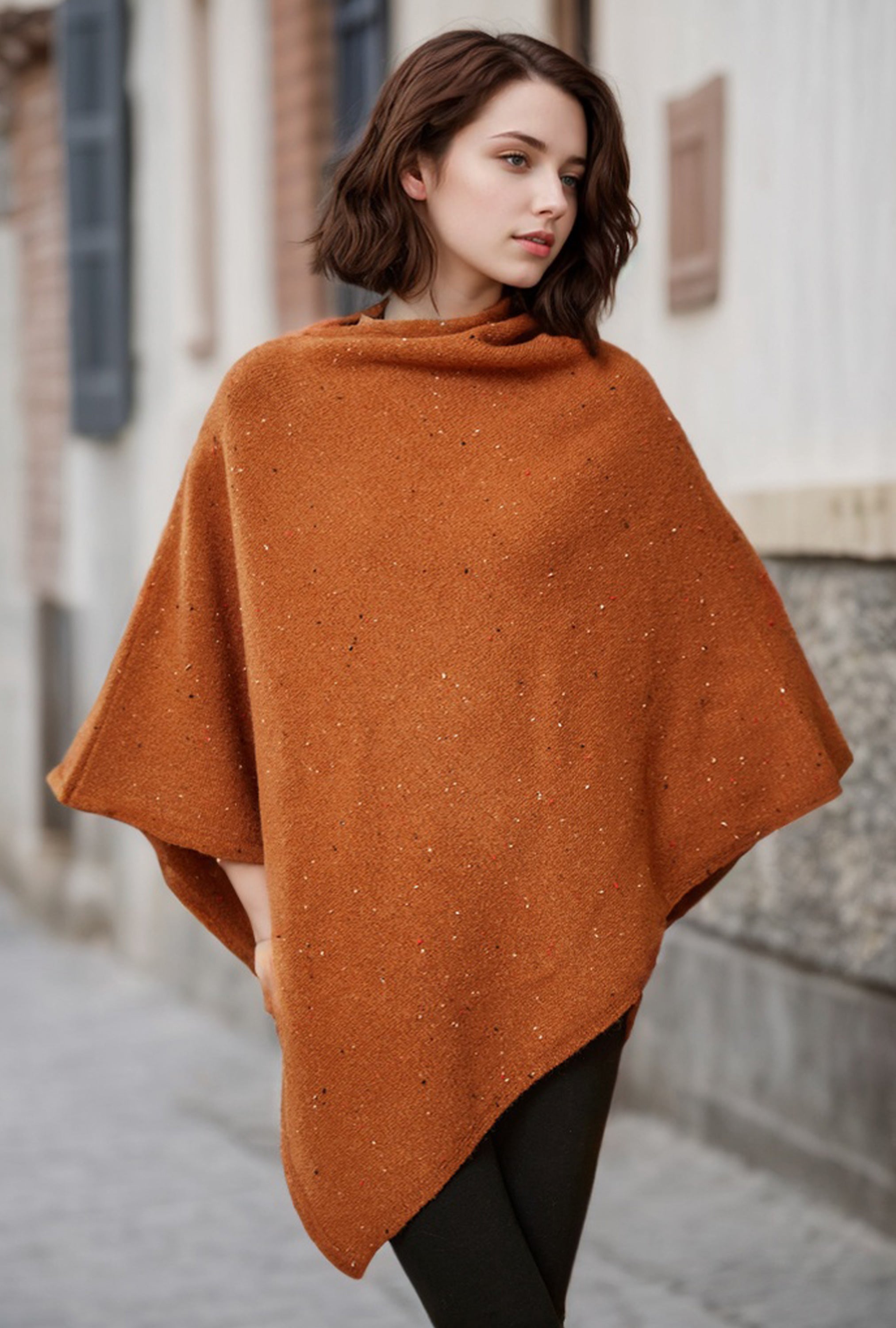Knit wool poncho womens wool cape tweed speckled wool blend wrap ruana wool shawl