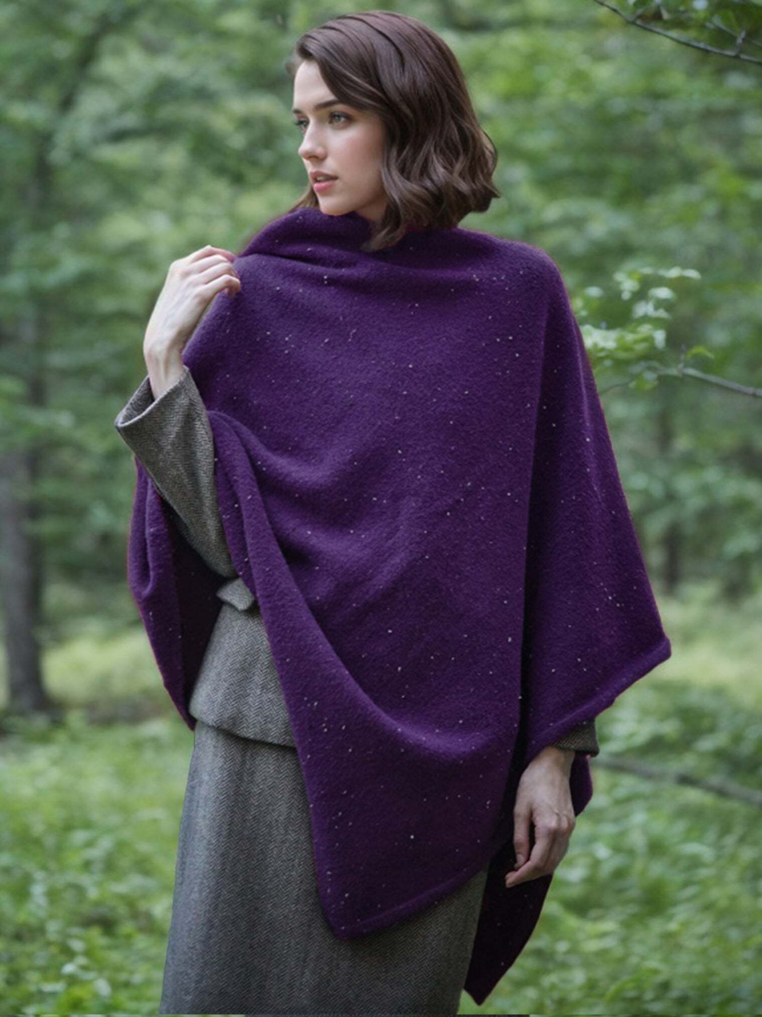 Knit wool poncho womens wool cape tweed speckled wool blend wrap ruana wool shawl